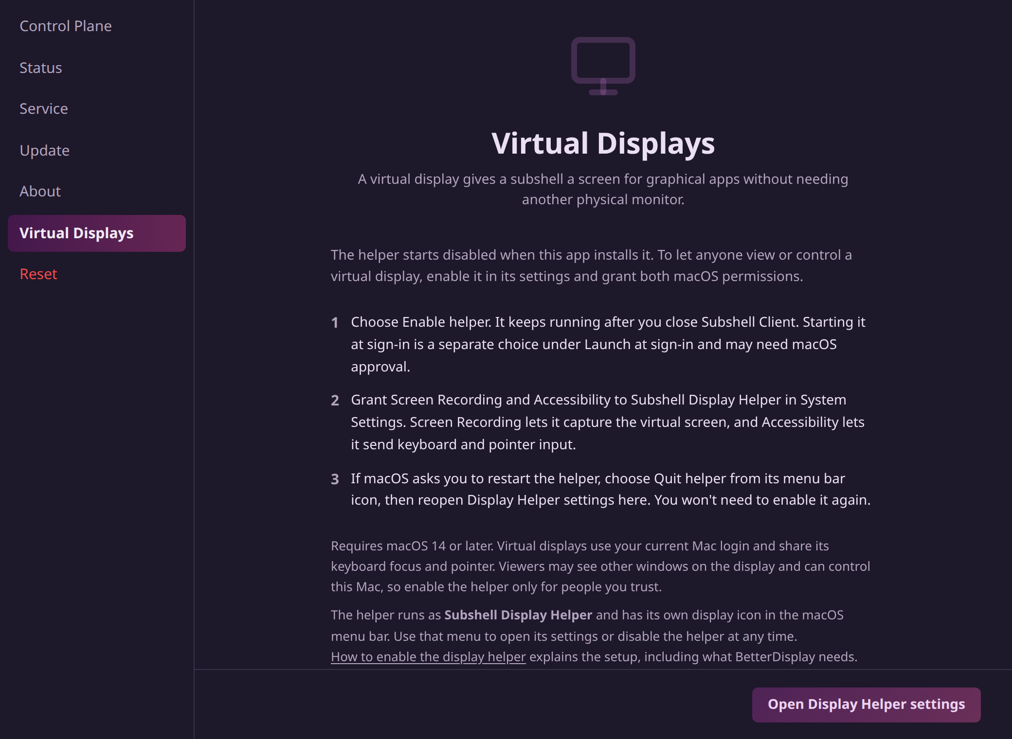 The assistant window's Virtual Displays screen, with its three setup steps and the Open Display Helper settings button in the footer.