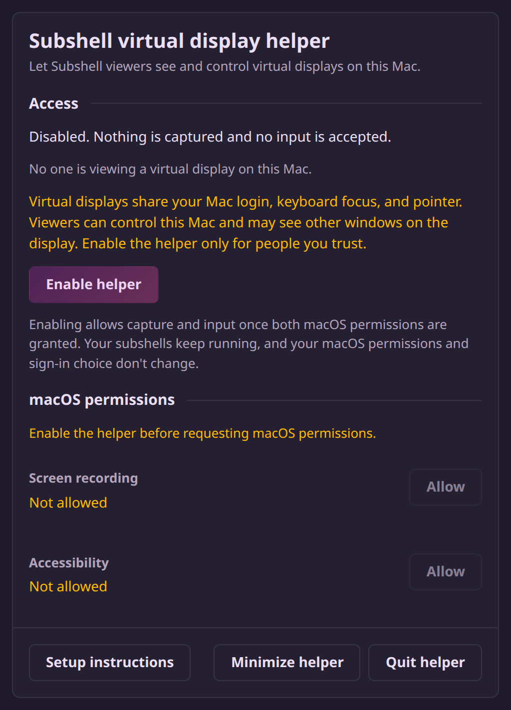 The display helper panel showing Disabled, the shared-desktop warning in gold, the Enable helper button, and both macOS permissions reading Not allowed.