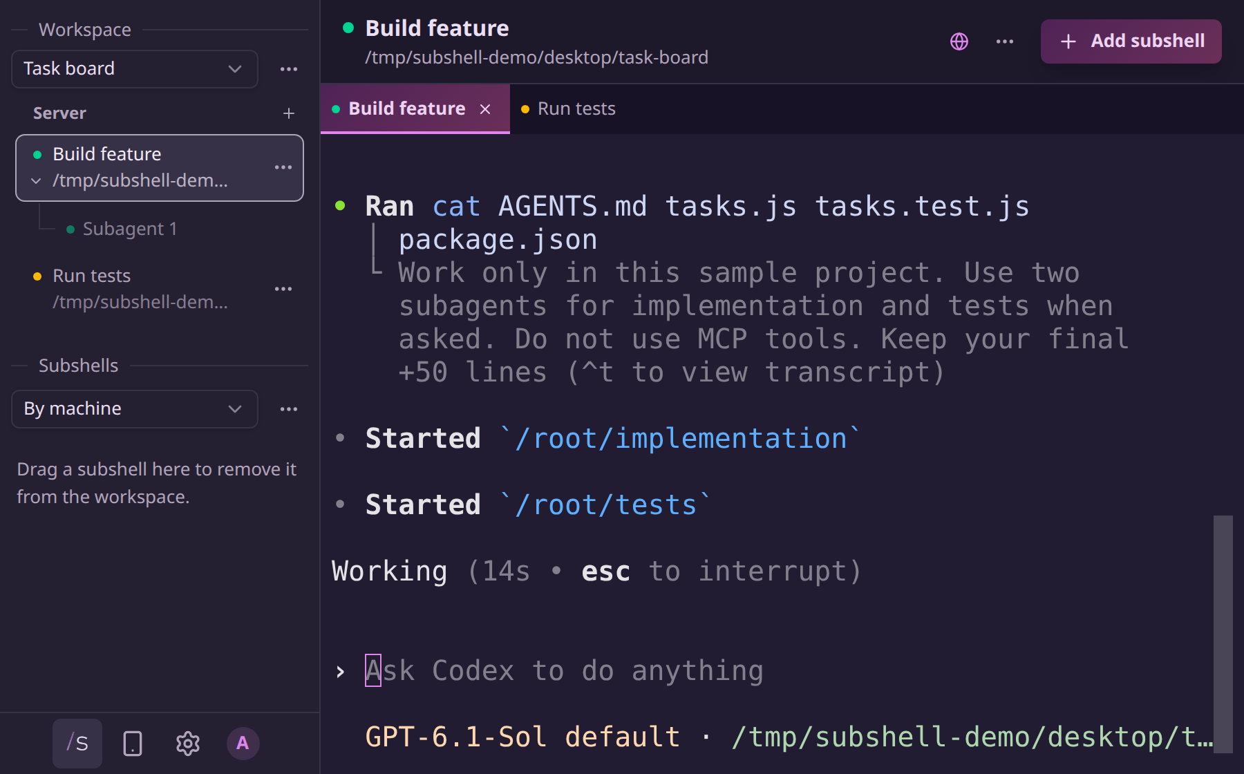 Codex running a task with one numbered subagent, Subagent 1, connected beneath its parent Build feature in the workspace sidebar.
