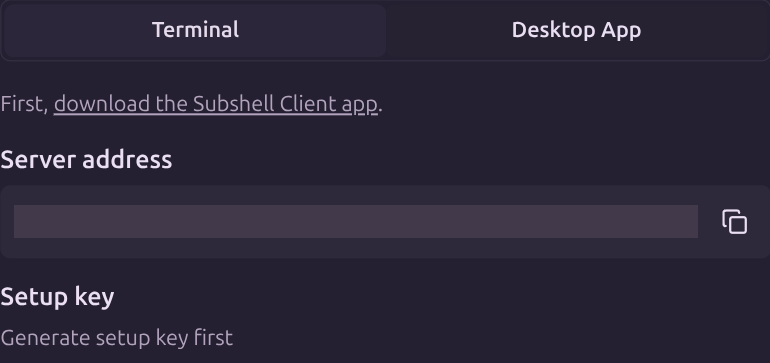 Desktop App instructions in Add node, server address, and setup key fields.