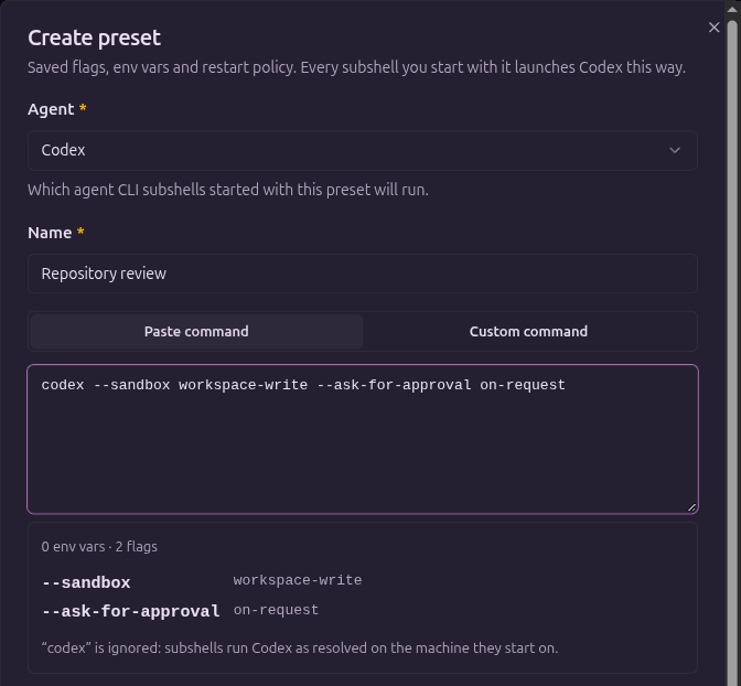 Create preset form showing Codex, Repository review, and parsed sandbox and approval flags.