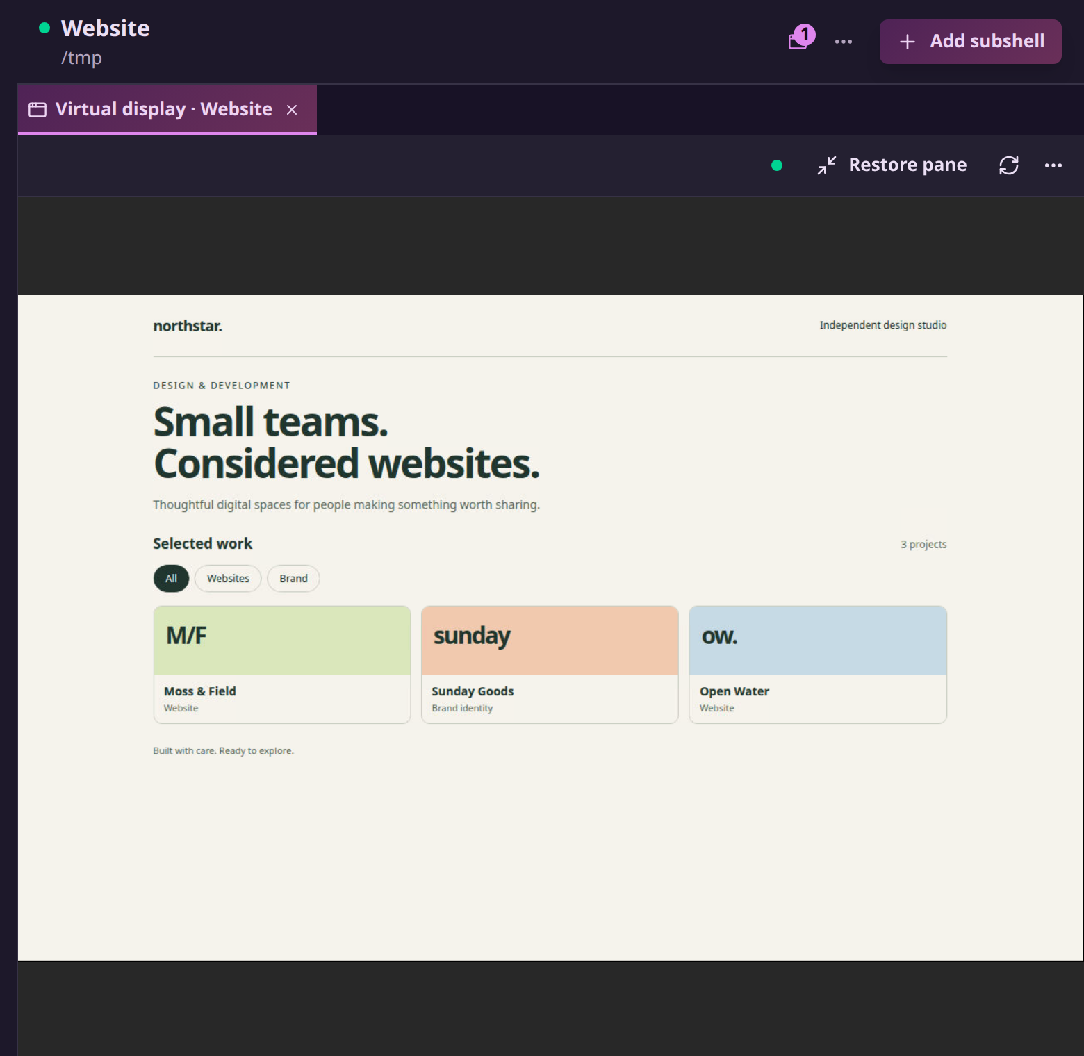 A maximized Virtual display tab showing the Northstar website in a browser running on the node.
