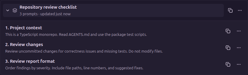 Expanded Repository review checklist with Project context, Review changes, and Review report format in numbered order.