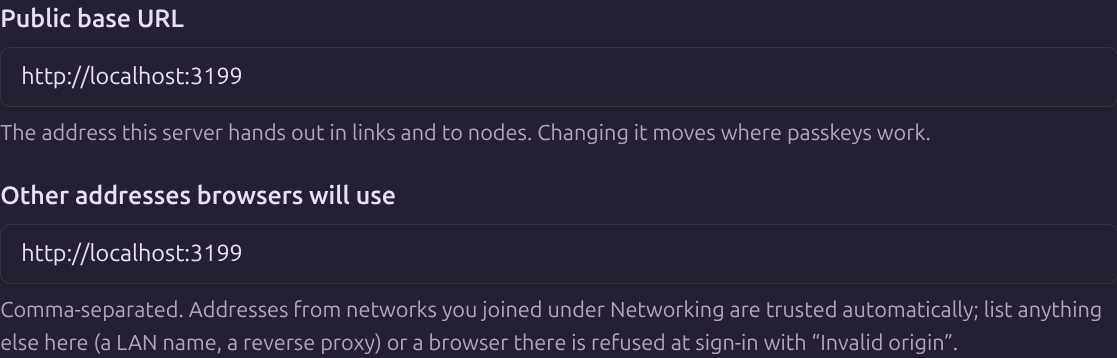 Networking settings showing Public base URL and Other addresses browsers will use.