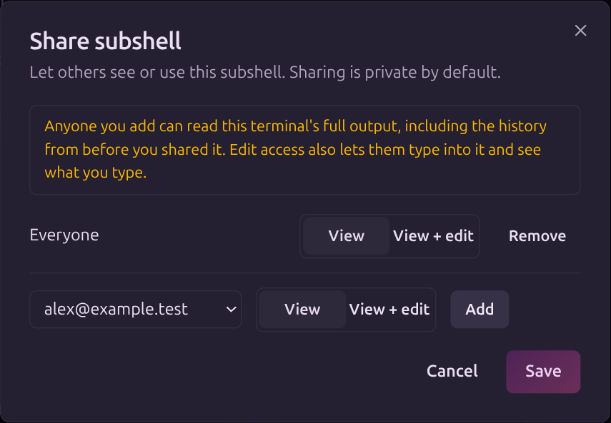 Sharing dialog with Everyone granted View access and separate View + edit controls.