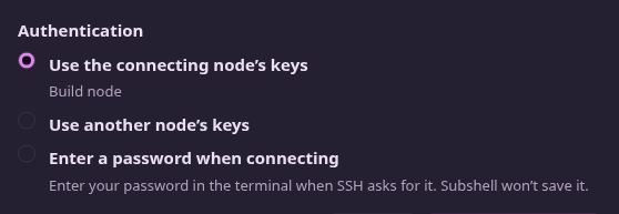 Authentication choices for keys on Build node, keys from another node, or a password entered when connecting.