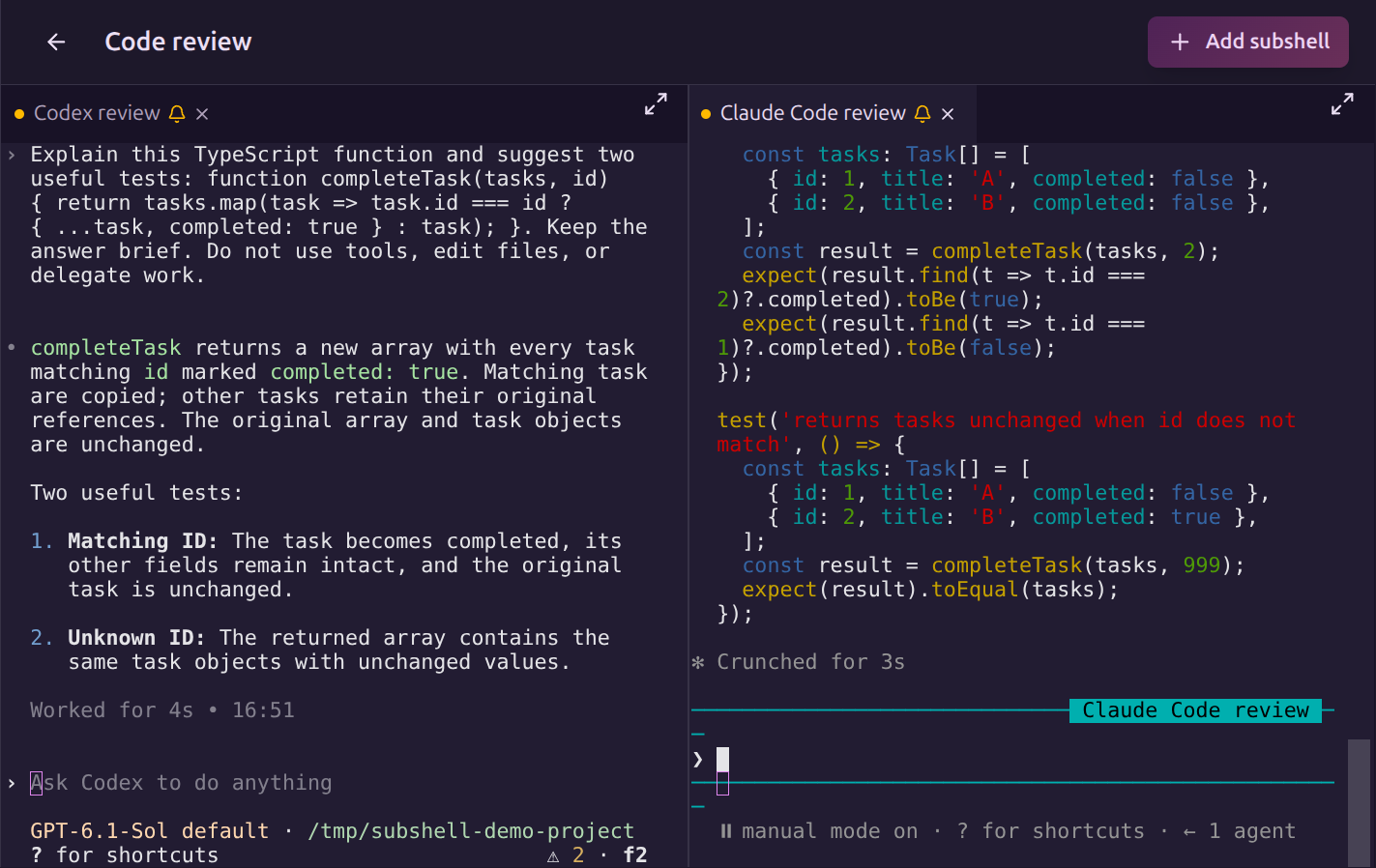 Code review workspace with Codex and Claude Code running side by side.